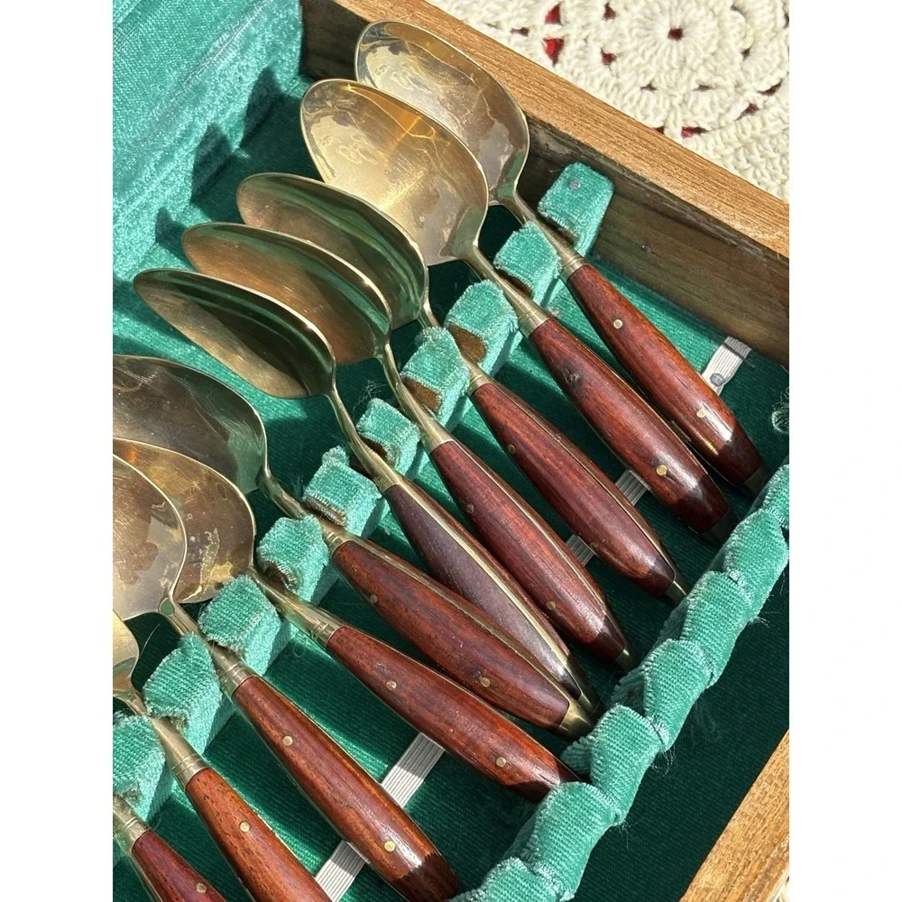 Vintage Thailand Brass and Teakwood Flatware 8 pc. Place Setting With Wooden Box